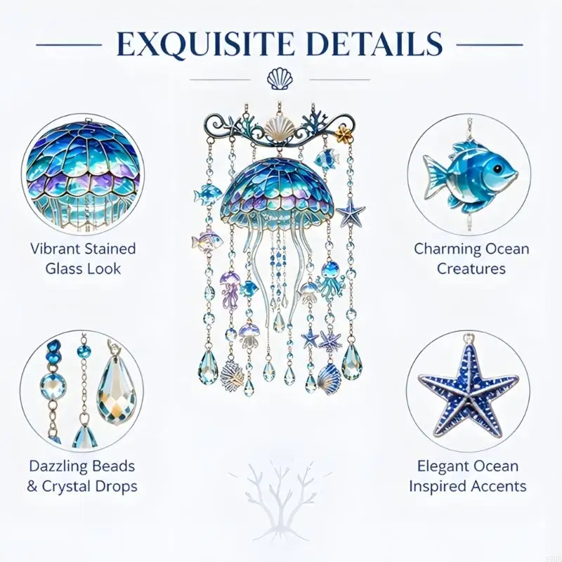 Ocean Suspended Accent Acrylic Garden Piece for Porch and Outdoor Entry with Sea Theme, Clear Glow, and Drop Detail 87HA