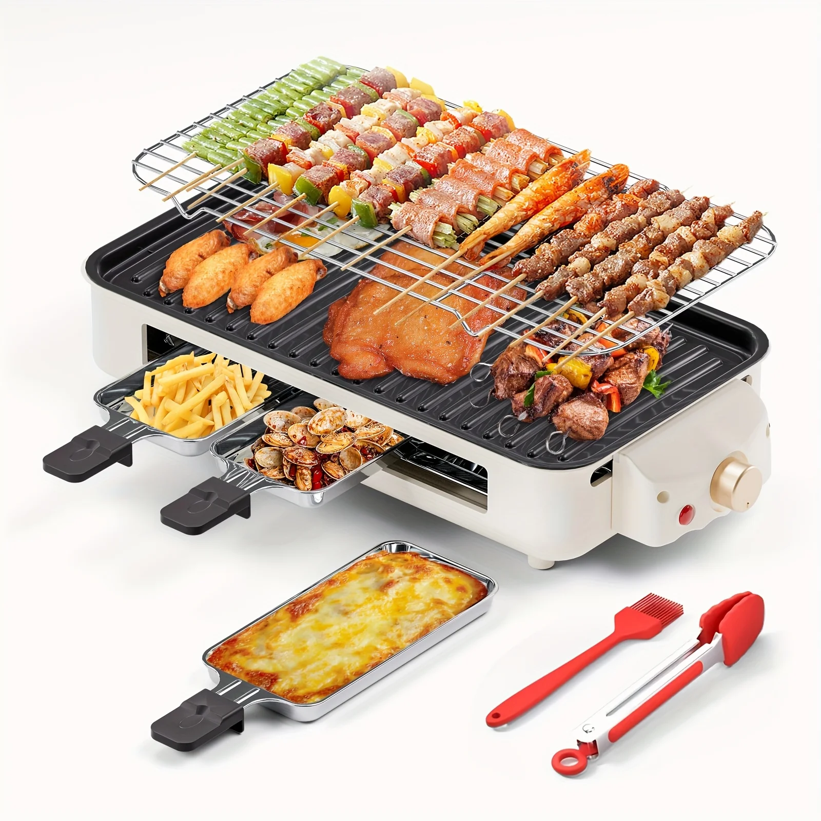 

[Electric | Grill] 2-in-1 Outdoor Indoor Electric Grill | with Three Hand Dishes, Grill Mesh And Non-stick Cooking Detachable Pl
