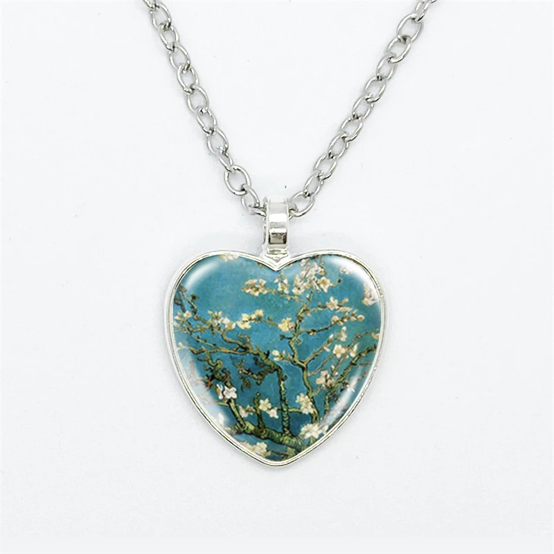 Fashion Van Gogh Art Starry Night Sunflower Necklace Glass Cabochon Painting Heart Pendant Printed Photo Necklaces