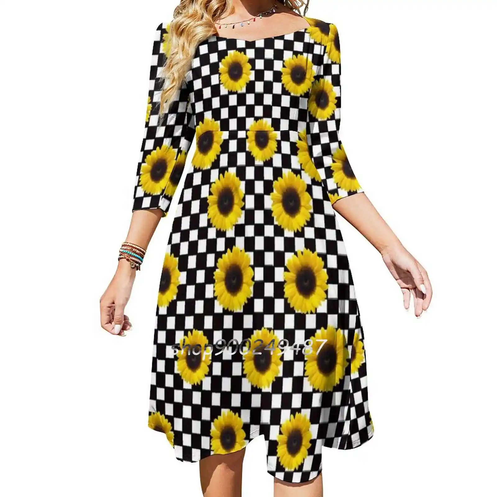 Sunflowers Sweetheart Knot Flared Dress Fashion Design Large Size Loose Dress Sunflower Floral Checker Black And White Pattern