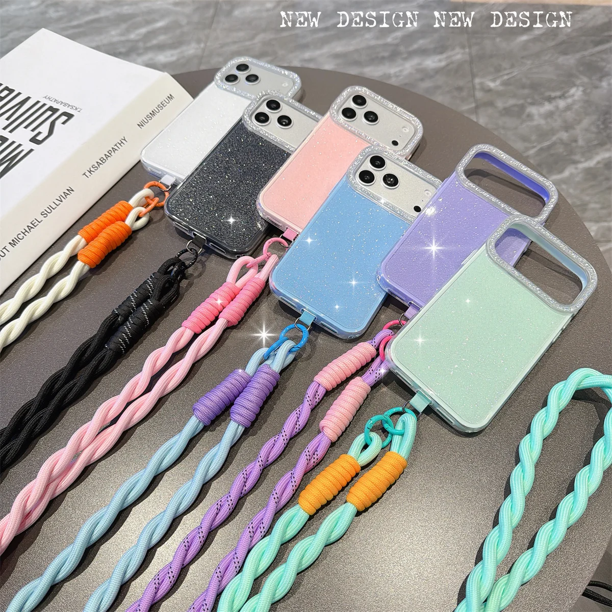 Fashion Glitter Shockproof Lanyard Case For iPhone 17 16 Pro Max 15 Plus 14 13 12 TPU Bumper Cover Crossbody Neck Cord Strap view 2