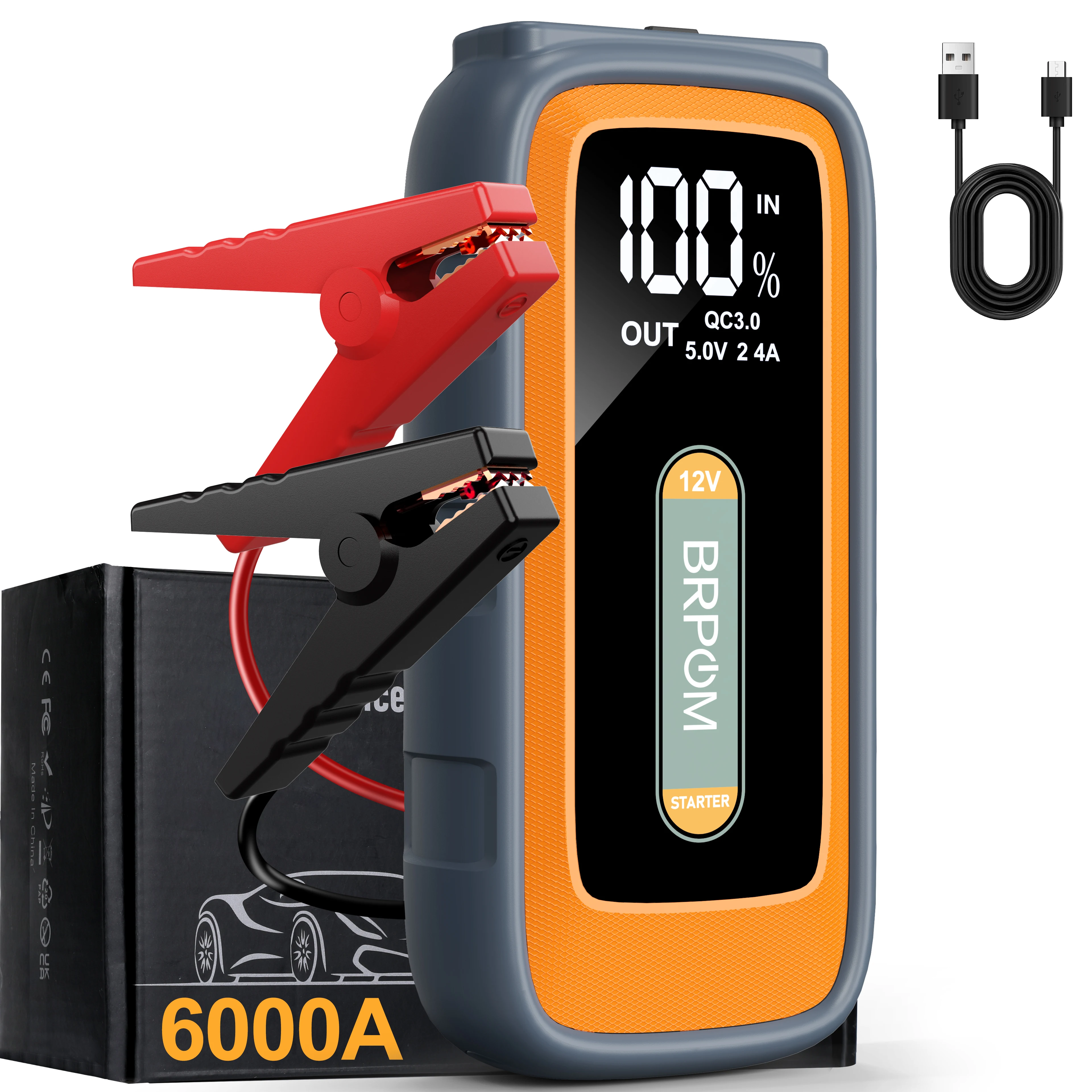 Car Jump Starter 6000A Peak 12V 26800mAh Automatic Portable Car Jump Starter Battery Pack with Smart Jumper Cable and LED Light