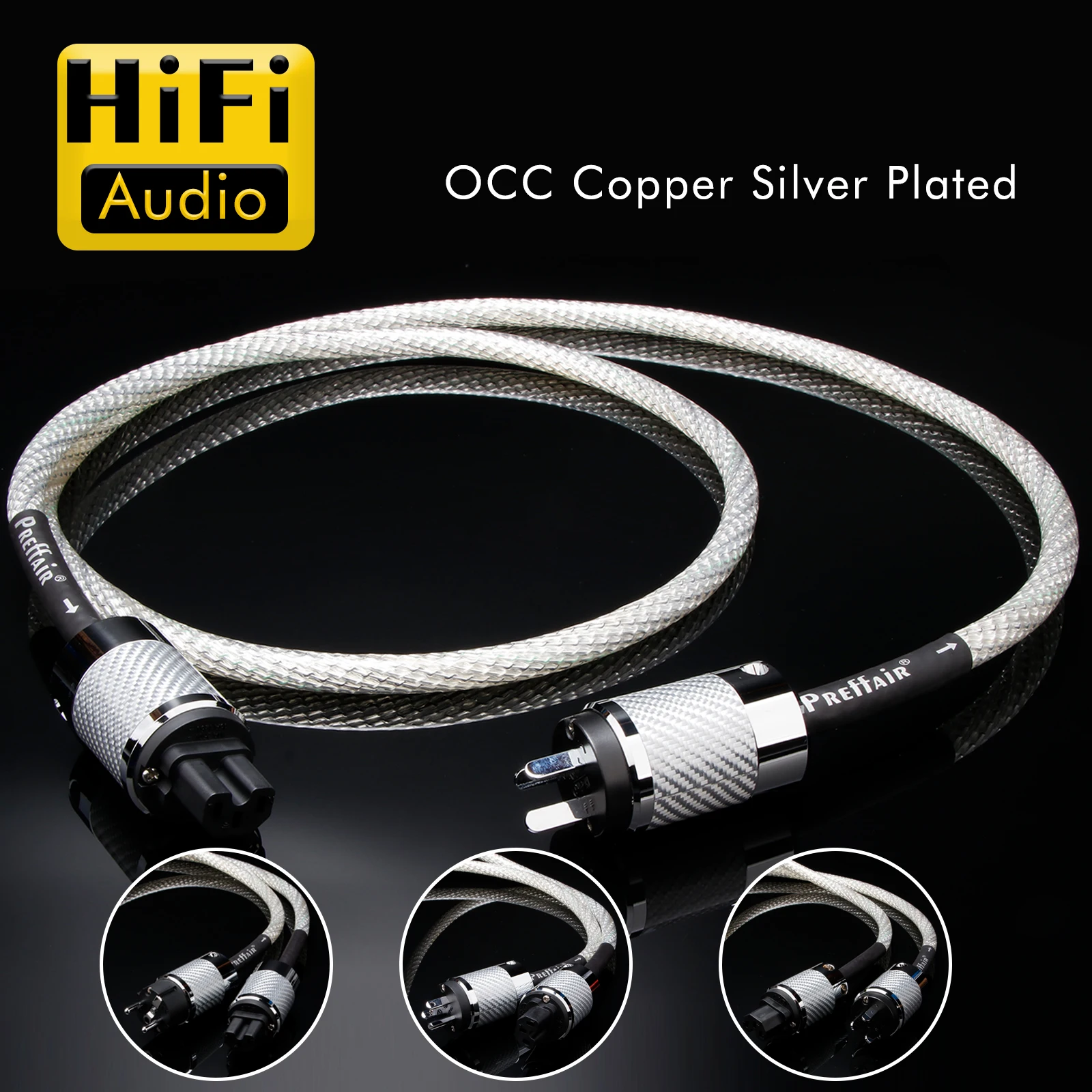 Preffair OCC Copper Silver Plated Power Cable PTFE Insulation EU Schuko Power Wire With Rhodium Plated EU Version Plug