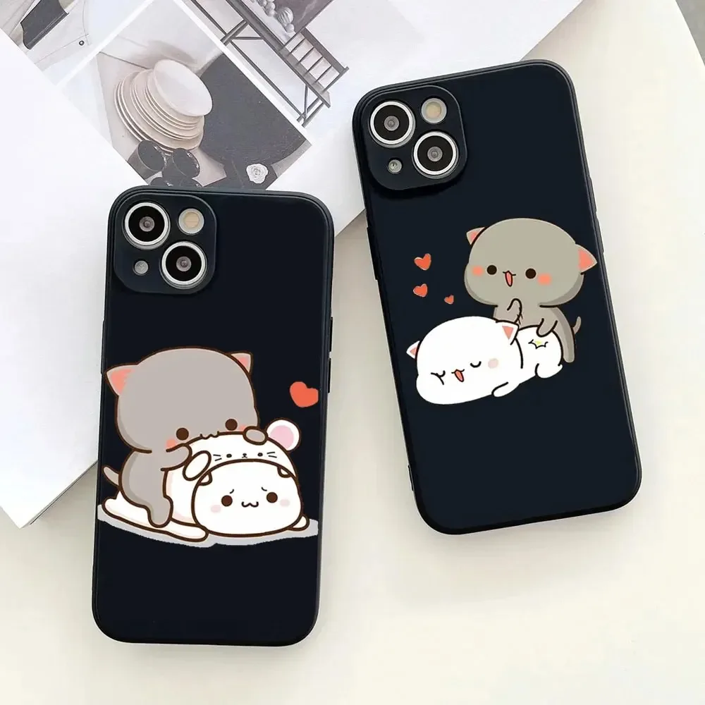 Cute Peach Mochi Cat Couple Phone Case for IPhone 16 15 14 13 12 11 Pro MAX Mini Plus X XR XS SE 2020 2022 Paired Soft Cover