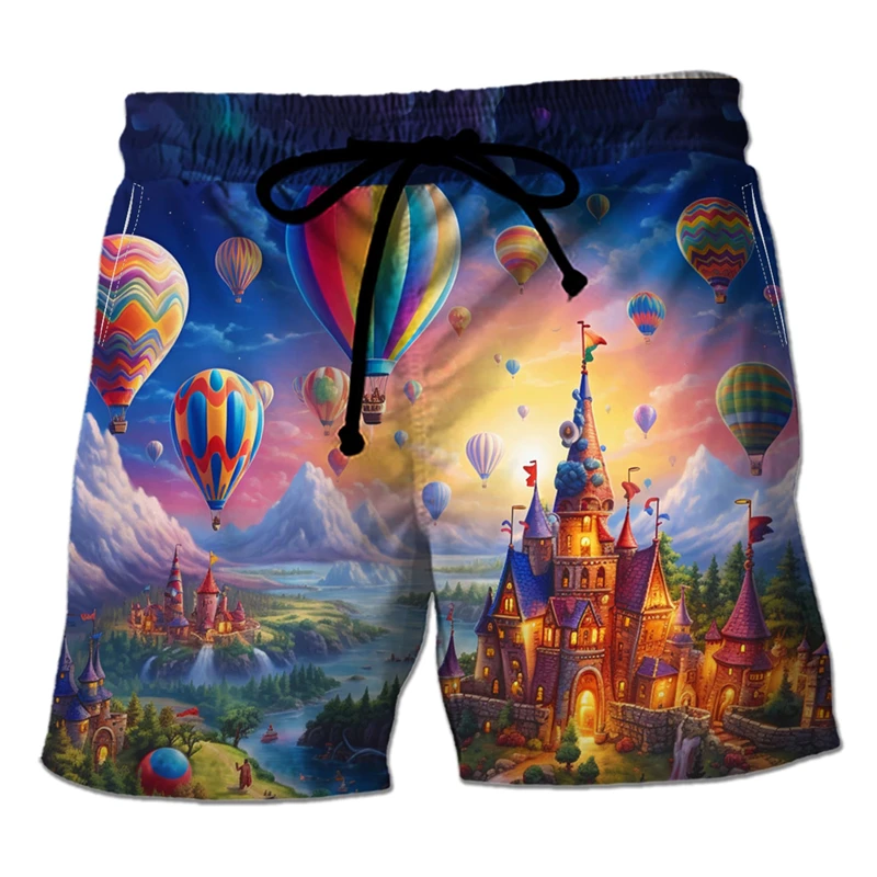 

Harajuku Fashion Hot Air Balloon Graphic Short Pants For Men Clothes Casual Hawaiian Fire Balloon Beach Shorts Funny Boy Trunks