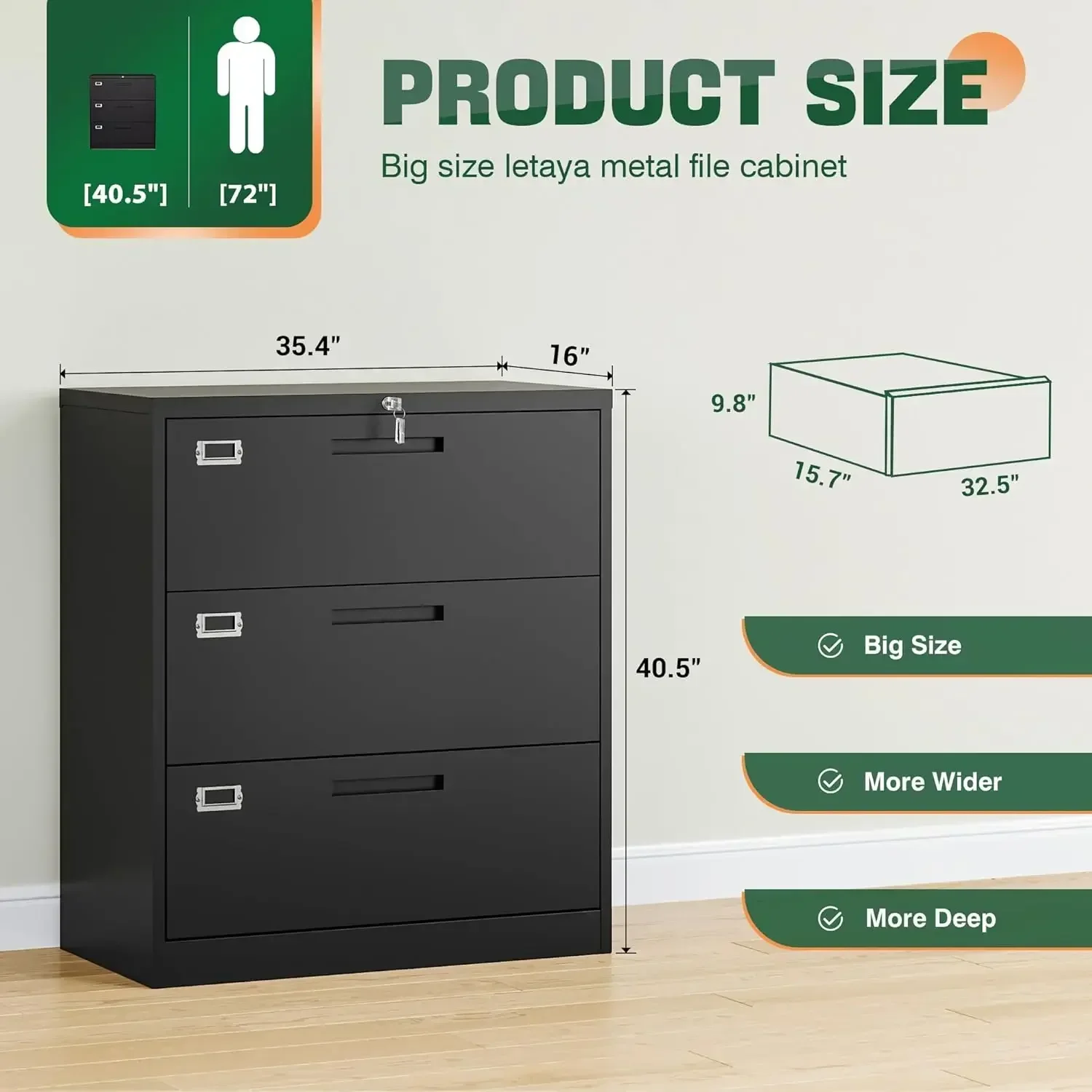 Lateral 3 Drawer File Cabinets with Lock, Metal Filing Storage Vertical Cabinets,Home Office Furniture