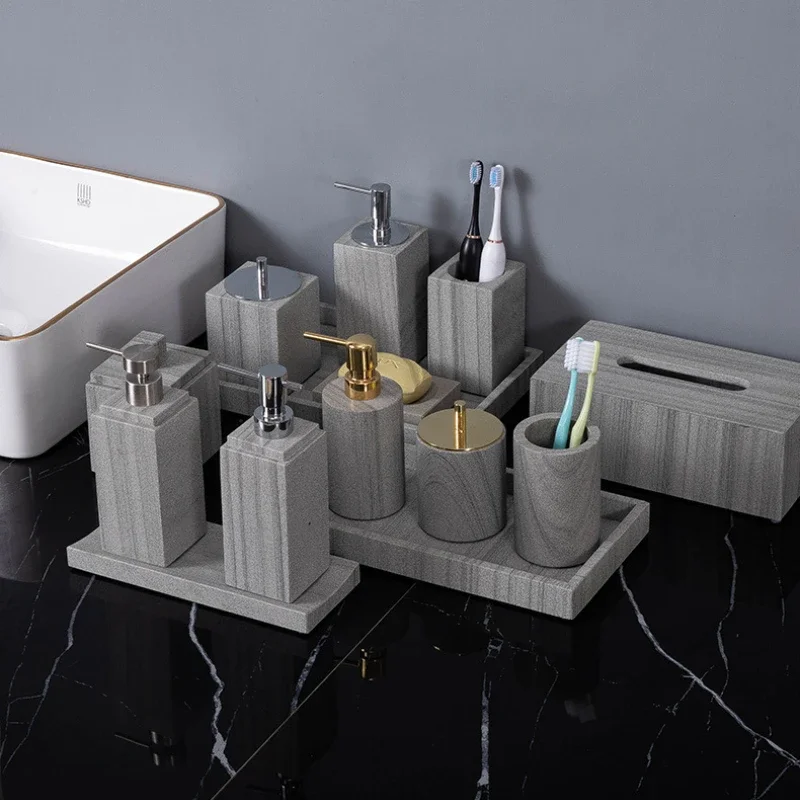 1pc Grey Marble Toiletries Plastic Pump Head Household Lotion Bottle Accessories Washbasin Tray Toothpick Jar Storage Cup