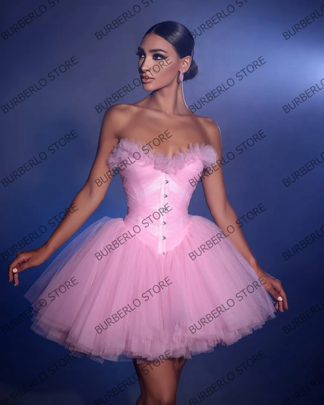 Bonito sem alças tule brithday vestido de festa inchado babados em camadas malha vestidos de baile querida botão mini vestidos de cocktail ﻿