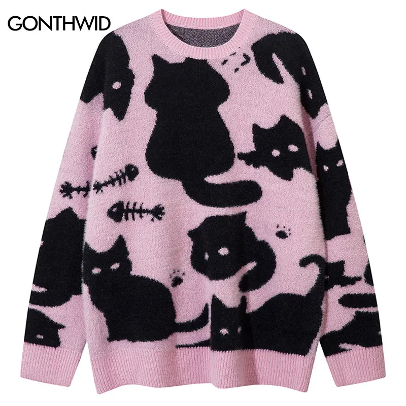 Harajuku Sweater Knitted Cute Cat Fish Oversized Pullover Jumpers Men Hip Hop Casual Long Sleeve Cozy Sweaters Streetwear Pink