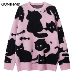 Sweter w stylu Harajuku z dzianiny Cute Cat Fish Oversized Pullover Jumpers Men Hip Hop Casual Long Sleeve Cozy Swetry Streetwear Pink