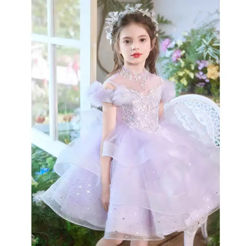 Abito da ragazza di fiore gonfio lilla di lusso con perline per abito da sera da principessa per bambini, matrimonio, compleanno, spettacolo