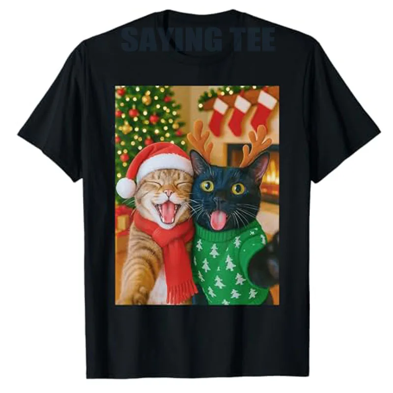 مضحك ميمي القط التقاط صورة شخصية عيد الميلاد عيد الميلاد أضواء عطلة تي شيرت Y2k عيد ميلاد سعيد القط أمي أبي الأزواج الجرافيك تيز الزي