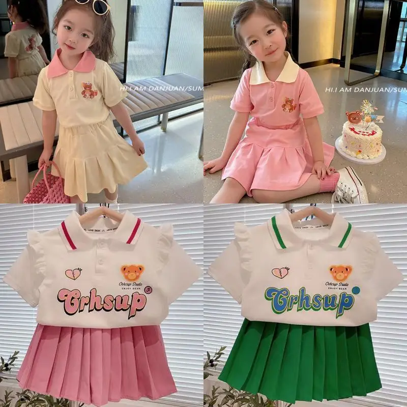 

Girls Jk Suit Summer College Style Children's Pleated Princess Dress Summer Short-Sleeved 2Pcs Baby Skirt Set Kids Clothes Gift
