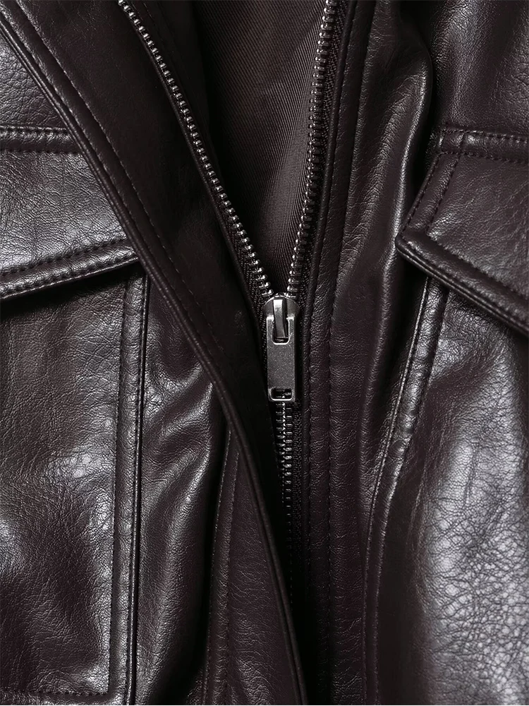 2025 feminino efeito de couro falso jaqueta curta vintage gola manga longa com alças bolsos casual streetwear