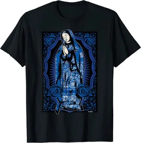 NEW LIMITED Virgin Mary Mexican Blanket Art Blue Bandana Print Chicano T-Shirt