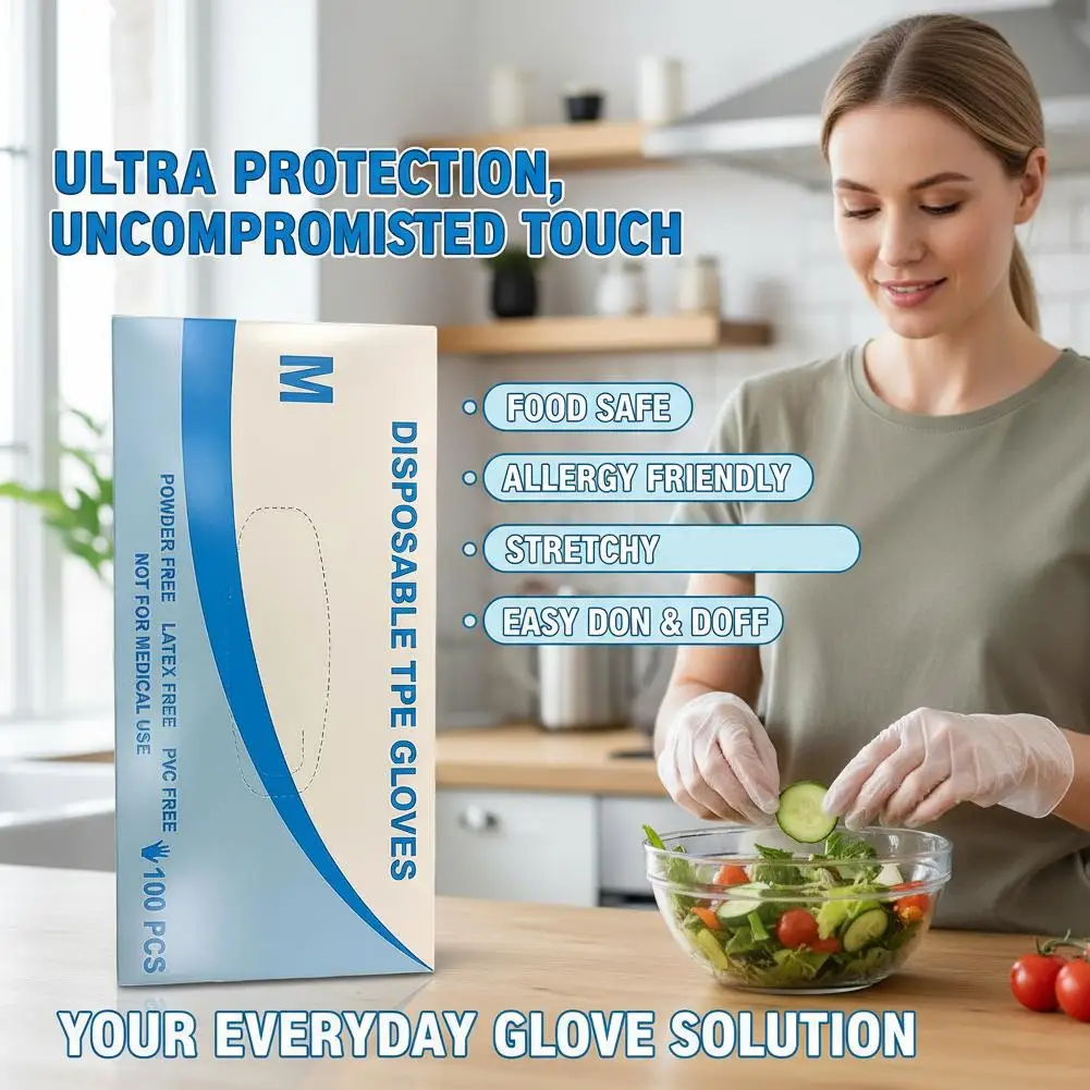 100pcs/set Disposable TPE Gloves Food Grade Waterproof Oil-Proof for Kitchen Cooking Cleaning Catering for Home Kitchen