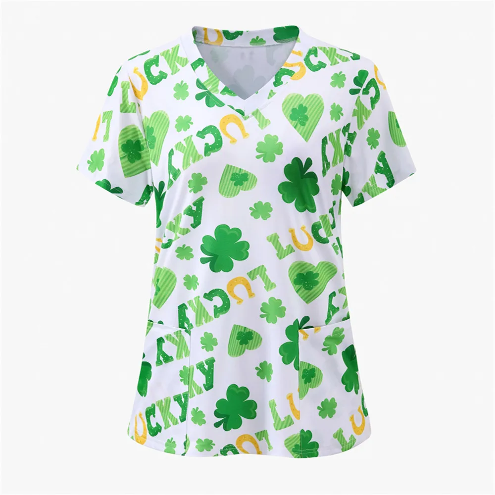 

Clover Print V-neck Working Clothes Tops Elegant Short Sleeve With Pockets Medical Nurse Uniform Women's Clothing