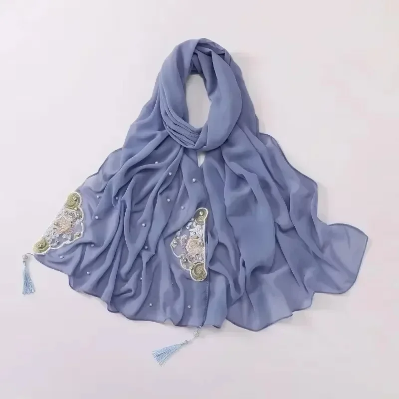 Bordado pérola chiffon lenço quadrado palácio clássico estilo oriental diamante borla envolto hijab médio oriente cabeça muçulmana