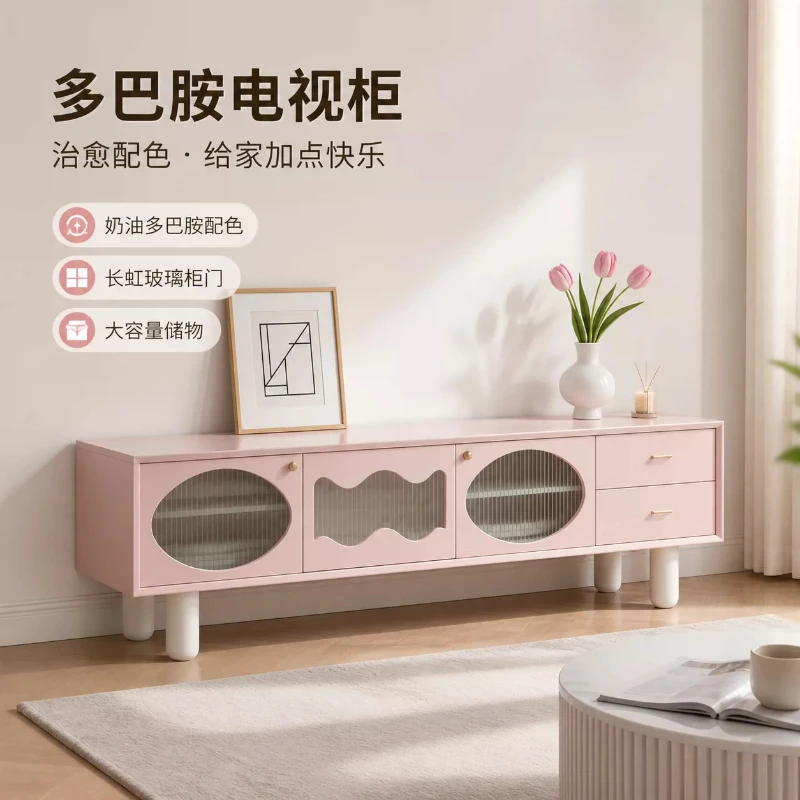 Cream dopamine beech TV cabinet pink paint living room storage glass cabinet door integrated large-capacity storage cabinet
