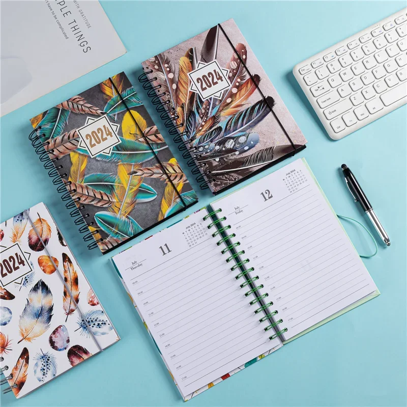 Colored Feathers 365 Day Calendar Planner Daily Planning Notebook 2024 Agenda Schedule Notebooks for School Office Journaling