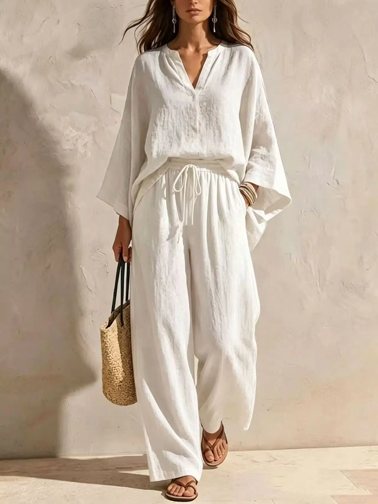Women Summer Pure Color Casual Cotton Linen Nine-Quarter Sleeve Open Cardigan Sleeveless Vest Long Pants 2 Pieces Women Sets