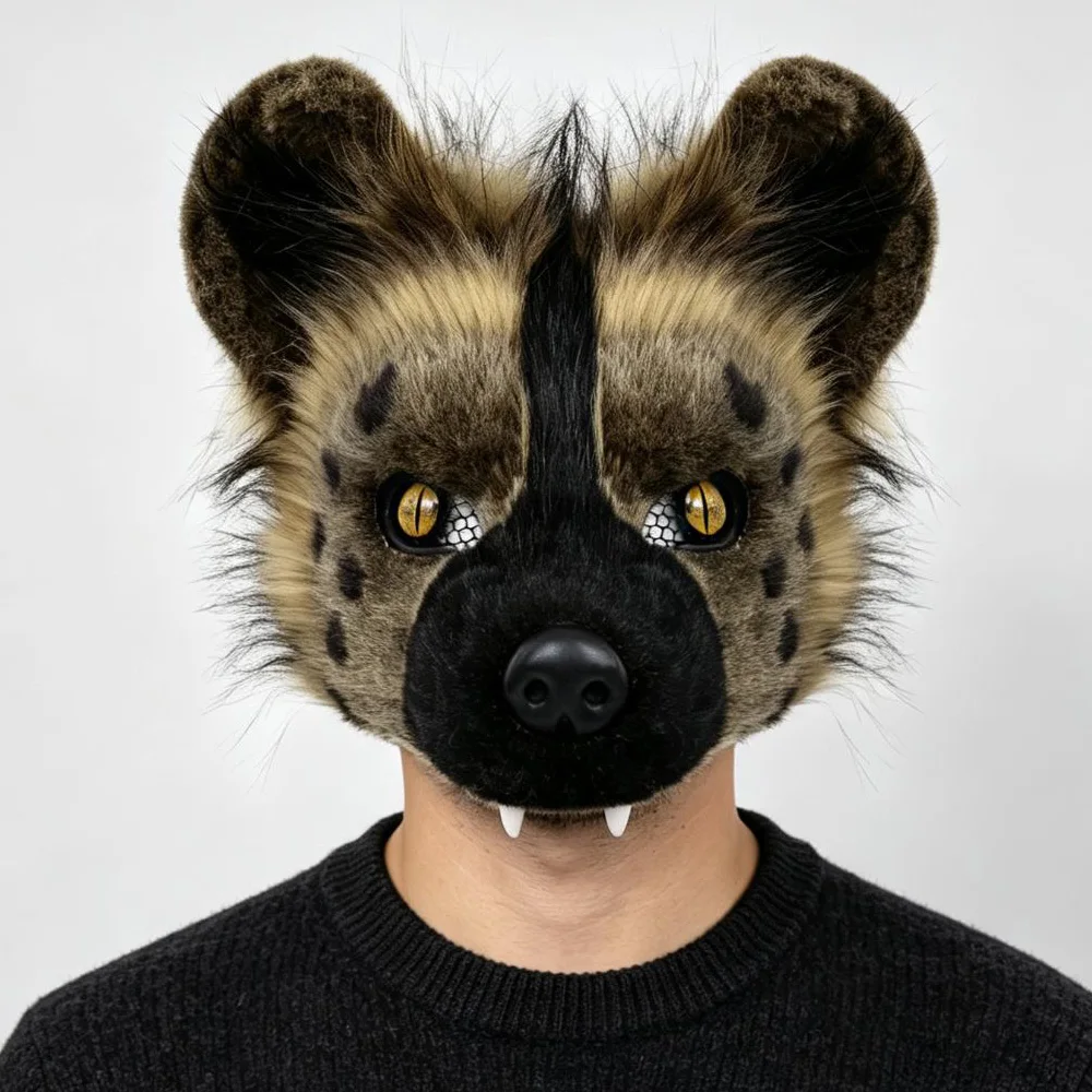Plush Spotted Hyena Half Face Mask Cosplay Breathable Mesh Eyes Brown Hyena Animal Masks Halloween Carnival Party Costume Props