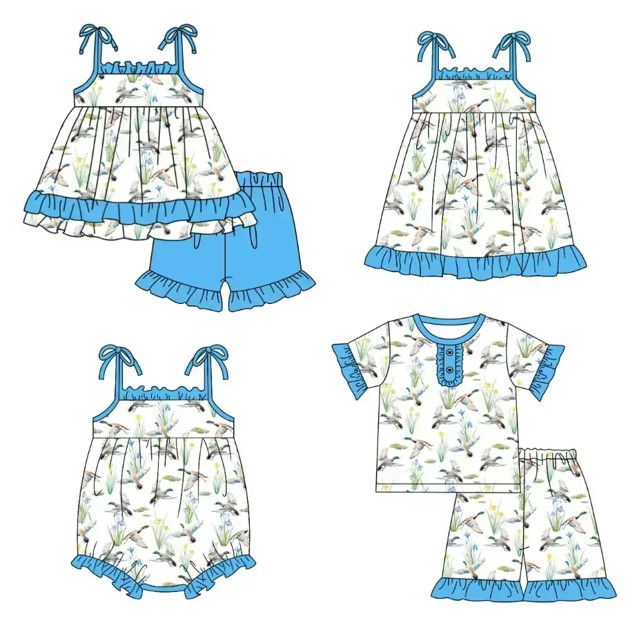 Toddler short-sleeved four-piece blue clothing bird print girl suspender shorts set short-sleeved pajamas new baby clothing whol