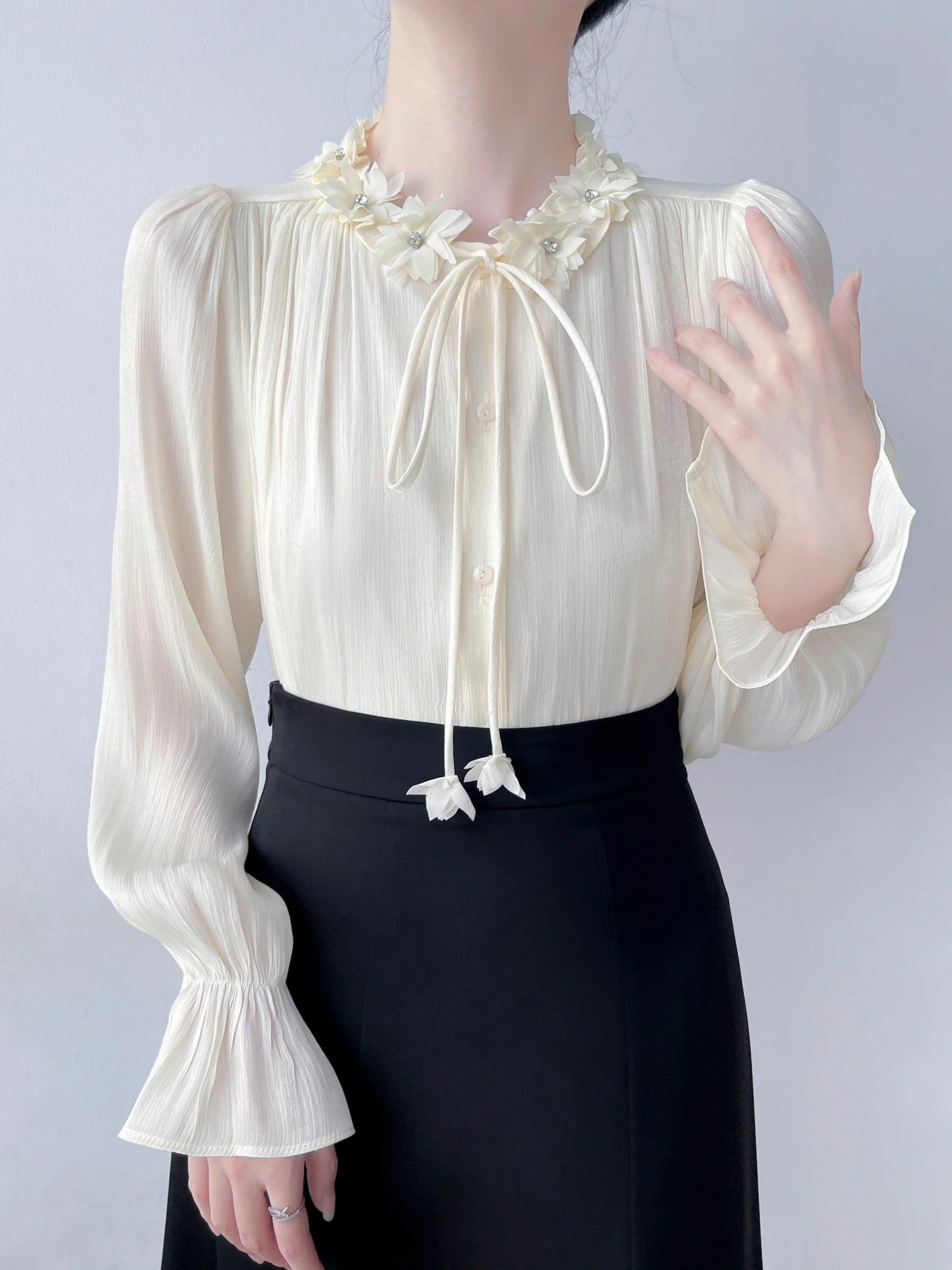 

Korean Style Long Sleeve Shirt Women's Chiffon Blouse with Bow Tie Flower Decoration Glossy Texture Breathable Polyester