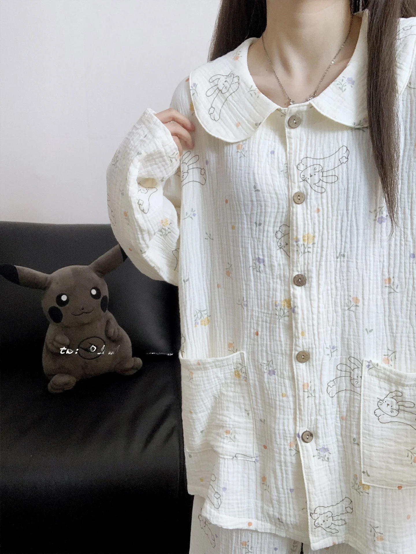 

Новая женская ночная рубашка из чистого хлопка с цветочным принтом и кроликом, весенне-осенний комплект домашней одежды с длинным рукавом