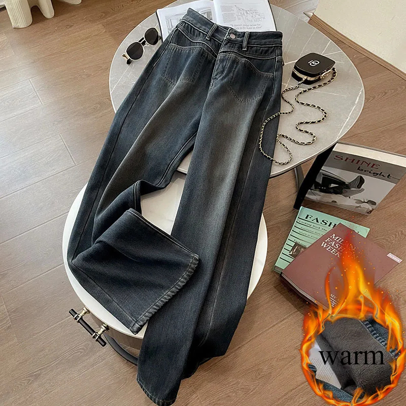 Korean Design Thicken Straight Jeans Women High Waist Velvet Lined Wide Leg Denim Pants Winter Warm Vintage Casual Vaqueros New