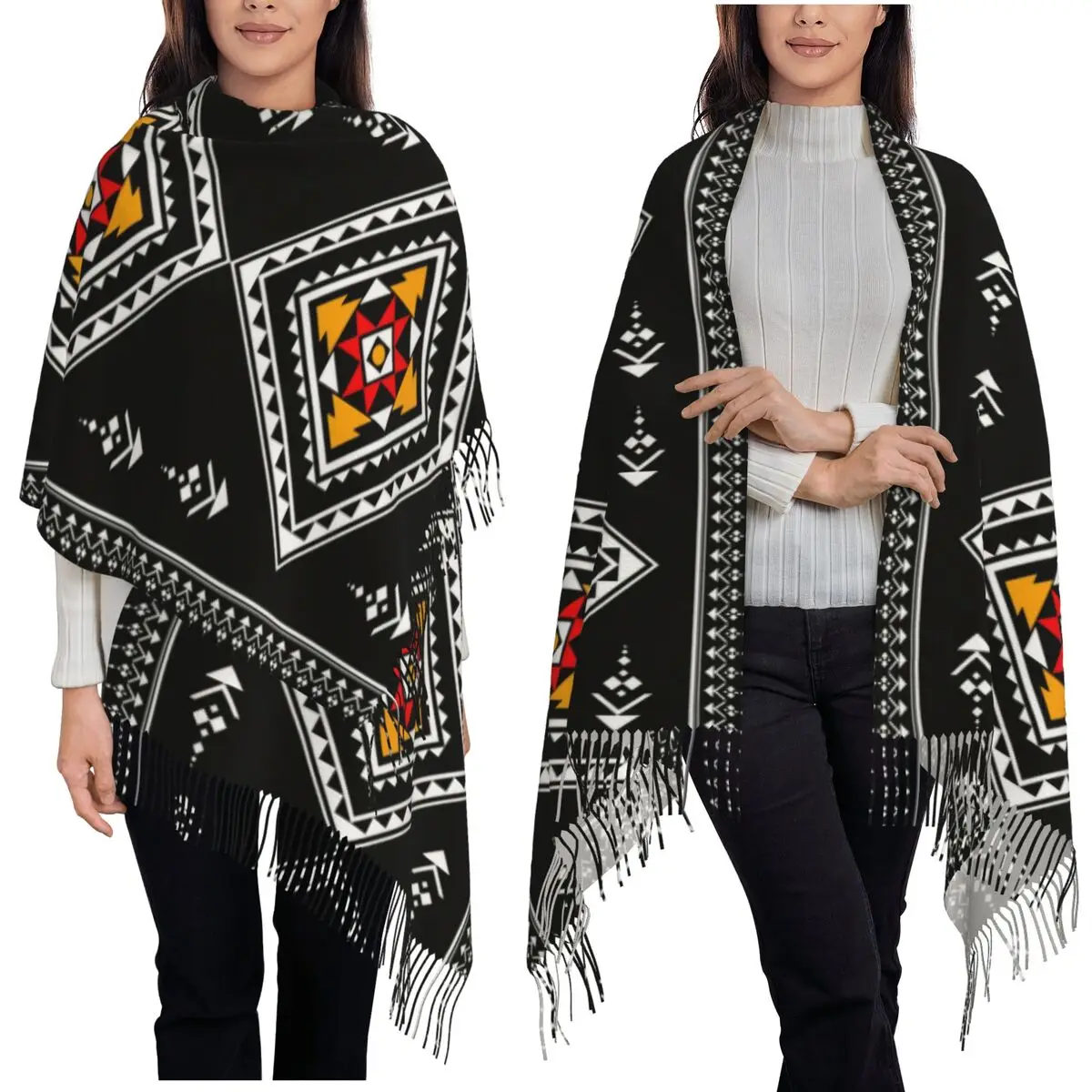 

Шарф с кисточками в геометрическом этническом стиле для женщин, мягкие теплые шали и накидки, большая осенне-зимняя шаль