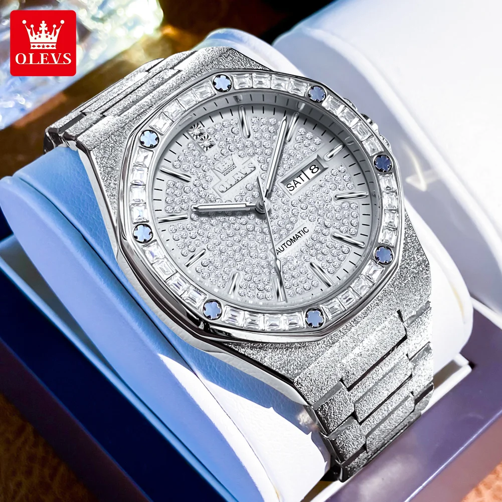 

OLEVS Men's Mechanical Wristwatch Luxury Full Diamond Automatic Watches for Men Stainless Steel Waterproof Calendar Glow Watch