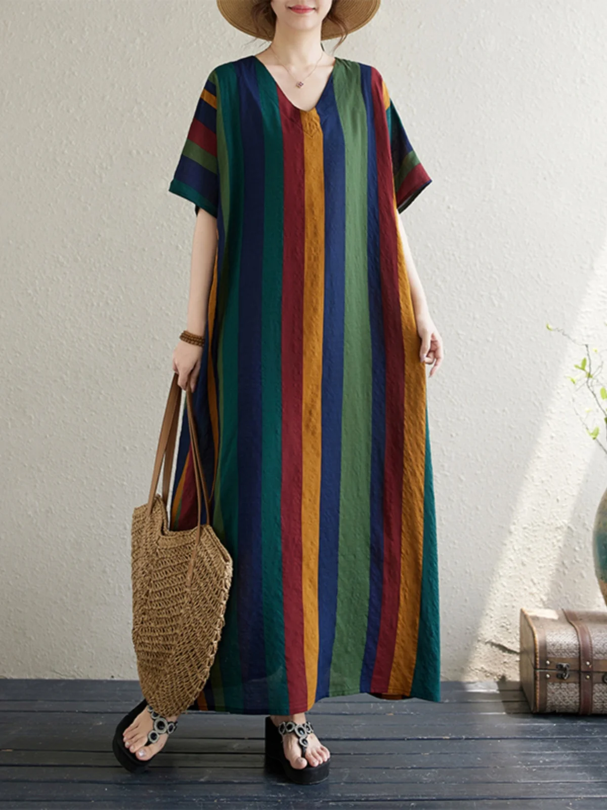 

Retro Blue Stripe Slimming Original 24 Thin Cotton Linen Robe Dr Loose Long V-ne A-line Summer Long Skirt Women's Dr