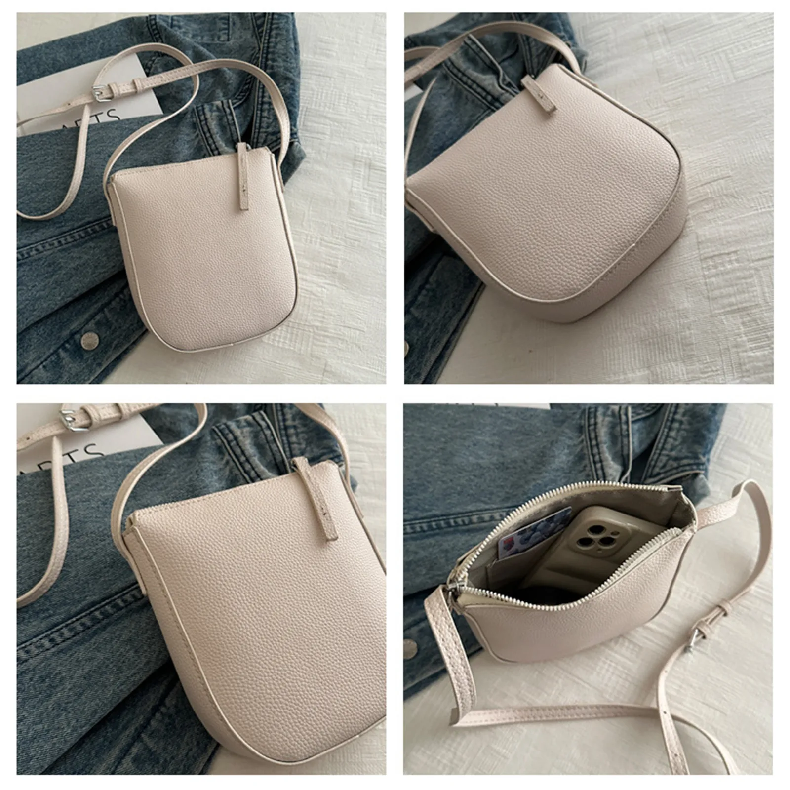 Litchi Patroon Schoudertas Nieuwe Rits Effen Kleur Crossbody Tas Echt Lederen Telefoon Tas Dames Nieuwe 2024