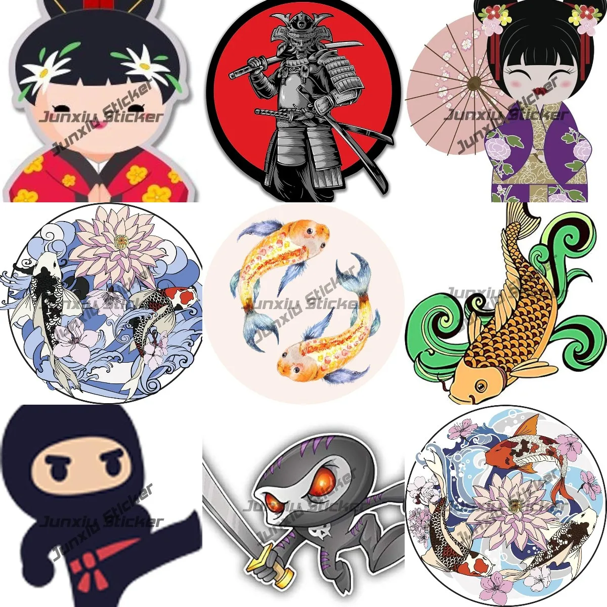 

Japanese Koi Fish with Waves Cartoon Art Sticker Divine Designs Cool Japanese Koi Fish Flowers and Waves PVC Decal Japan Samurai