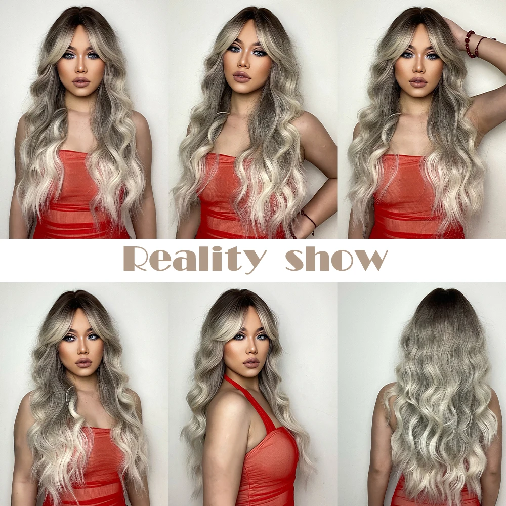 HENRY MARGU Black Ombre Blonde Wave Synthetic Wigs Long Grey Ash Hair Wigs for Women Daily Cosplay Party Heat Resistant Wig