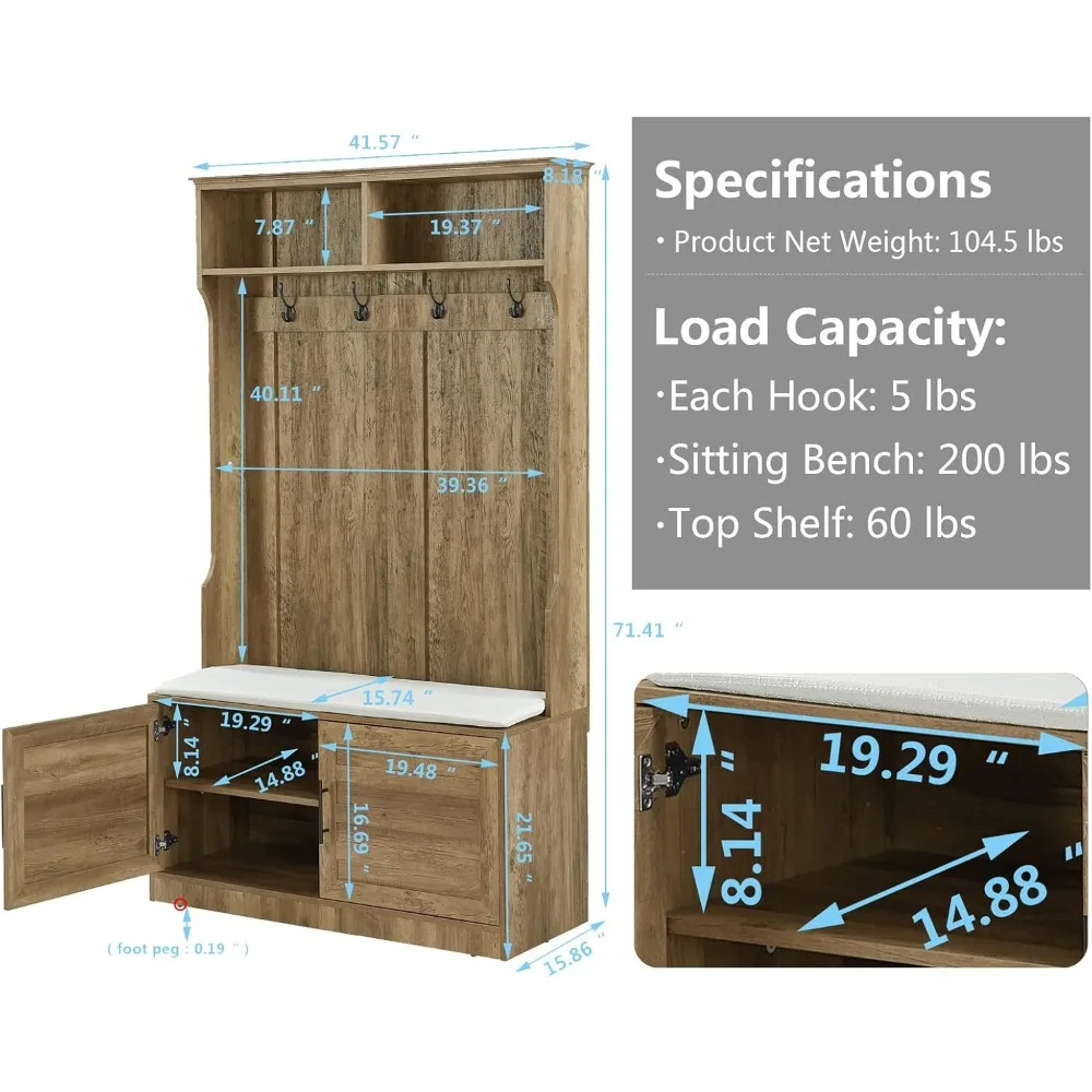 مقعد مدخل مقاس 71 بوصة مع خزائن تخزين ورف معطف ومقعد خشبي لغرفة الطين للممر
