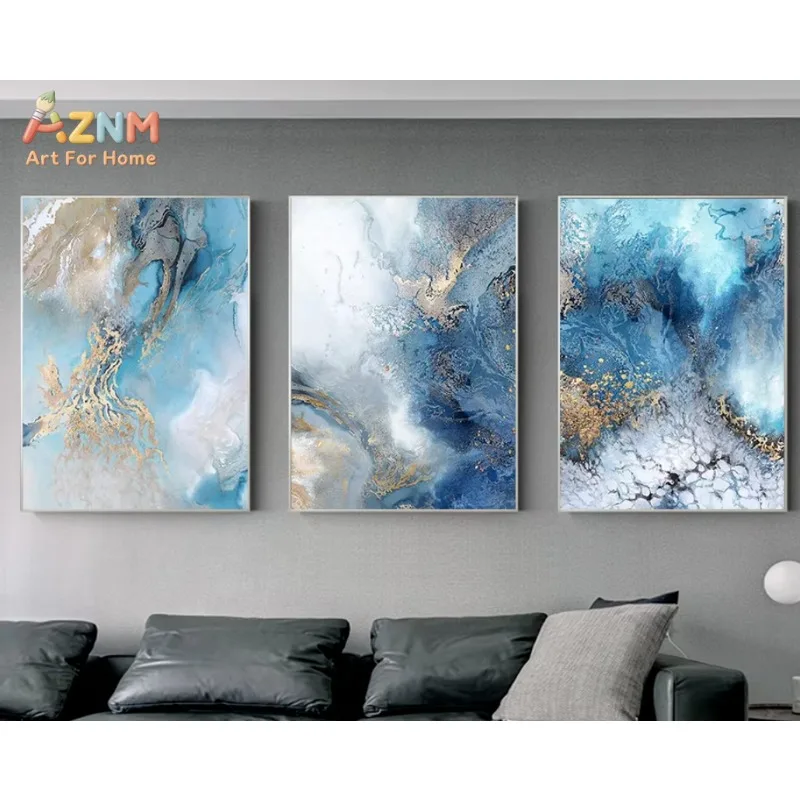1/3 Stück Blau-Gold Abstrakte Fluss-Leinwandmalerei Moderne Wandkunst Poster Drucke Landschaftsbilder für Wohnzimmer Heim-Dekoration