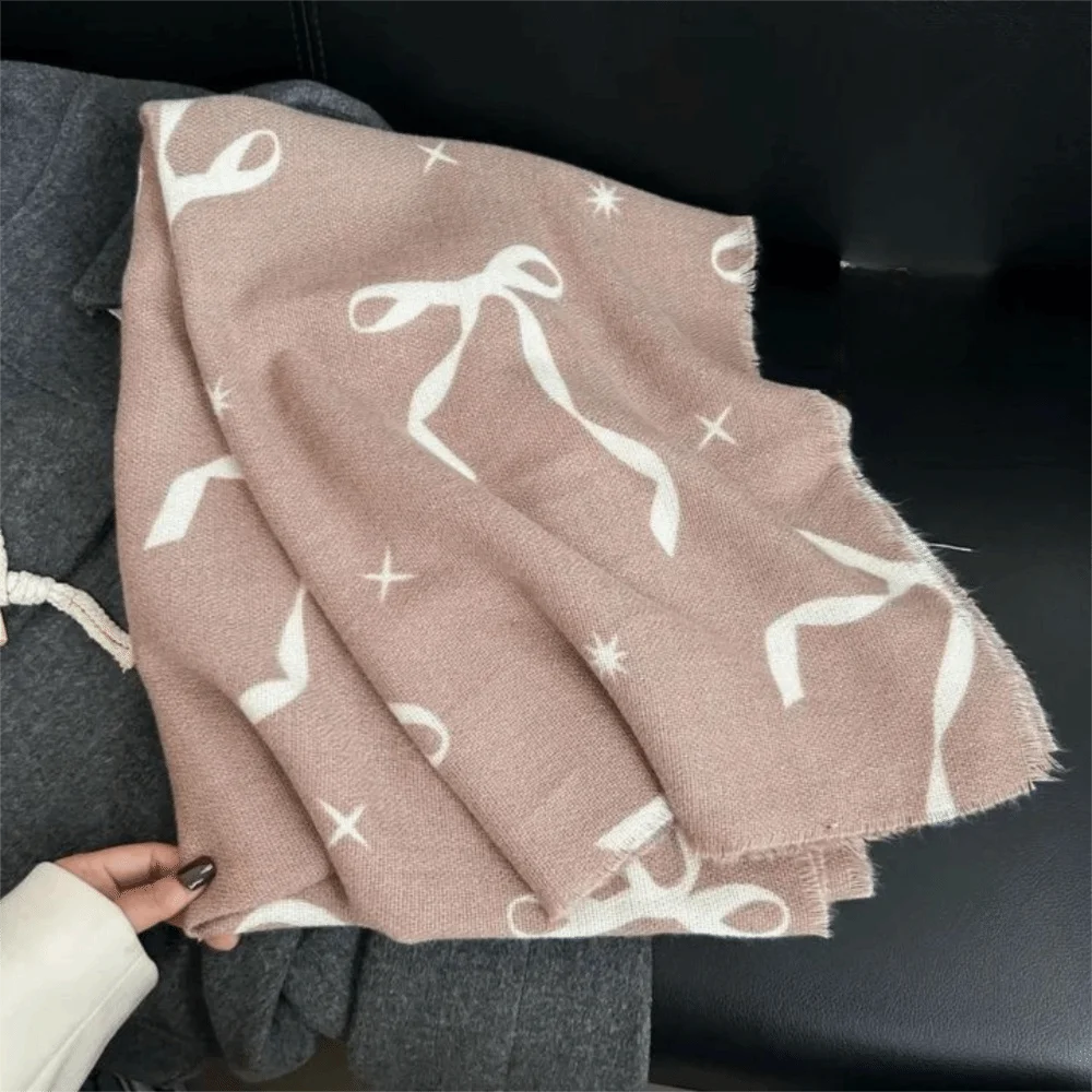 

Soft Printed Bow Wool Scarf Thicken Warm Winter Cashmere Scarves Korean Style Thermal Women Cashmere Shawl Cold Weather