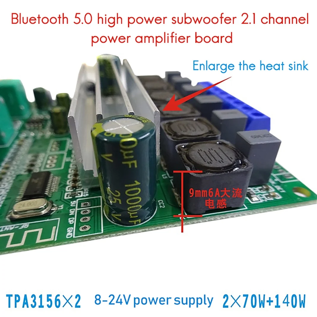 Tpa3156d2 2.1 canais bluetooth 5.0 placa amplificador digital 2x 70w + 140w subwoofer de alta potência classe d amplificador DC8V-24V