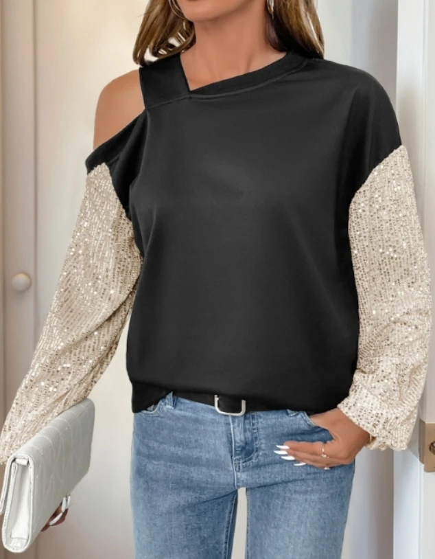 

Long sleeved sequined off shoulder color blocked hoodie