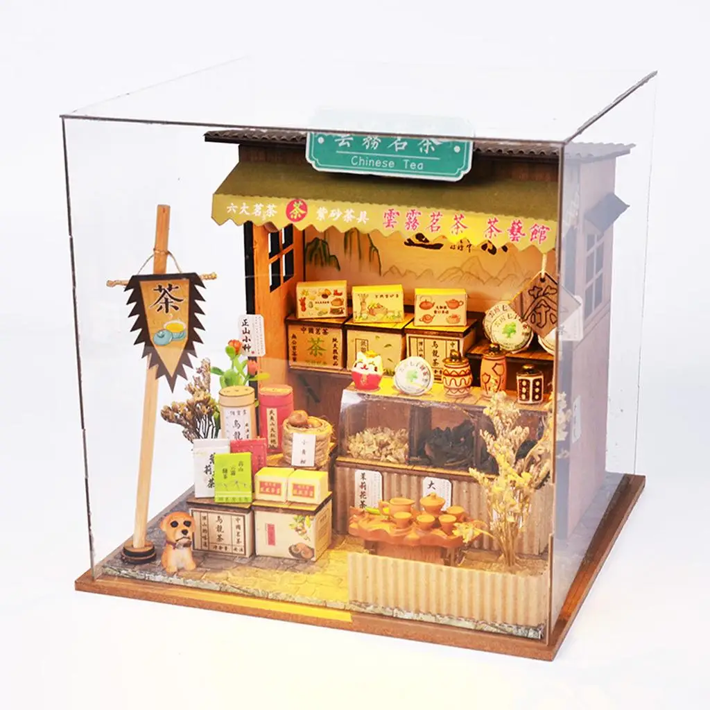 Puppenhaus-Miniatur mit Möbeln, DIY-Holzpuppe, kreatives Tagesgeschenk im Maßstab 1:24 – Teehäuse