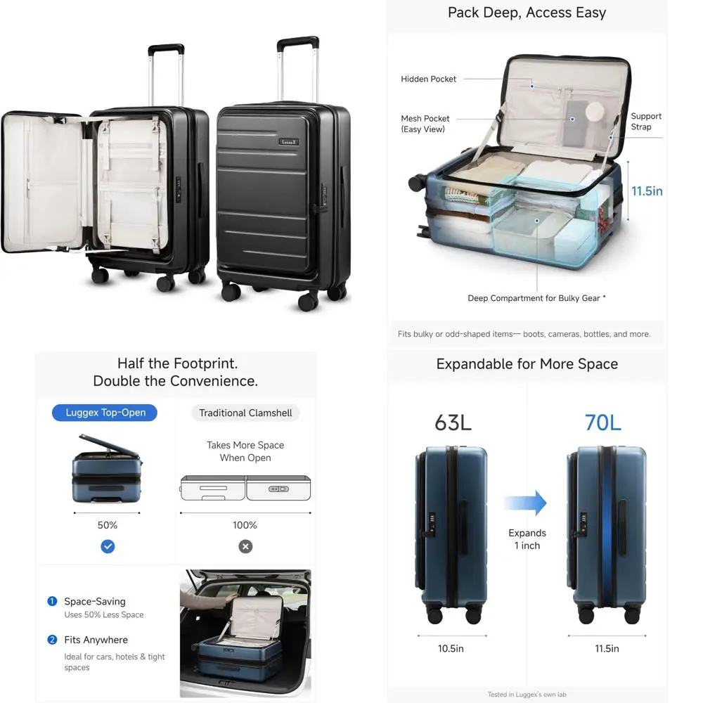 حقيبة صلبة قابلة للتوسيع بفتحة علوية بعجلات - سعة 24 بوصة، سعة 63 لترًا، أمتعة من البولي كربونات باللون الأسود