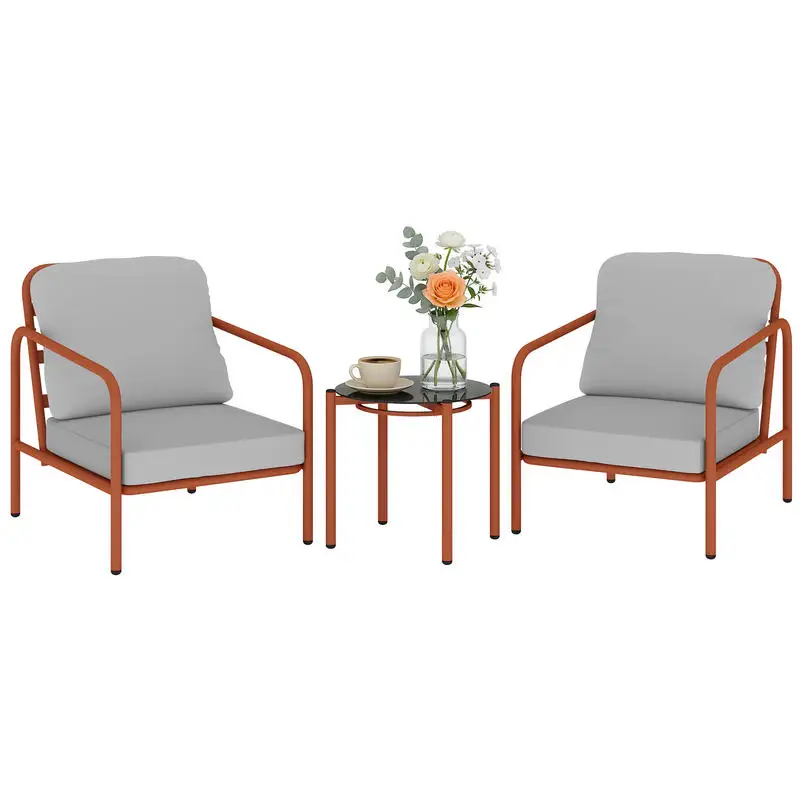 Salon de Jardin 3 Pièces, 2 Fauteuils, 1 Table Basse, Coussins Épais, Plateau en Verre Trempé, 63x77x76cm, Rouge Vin