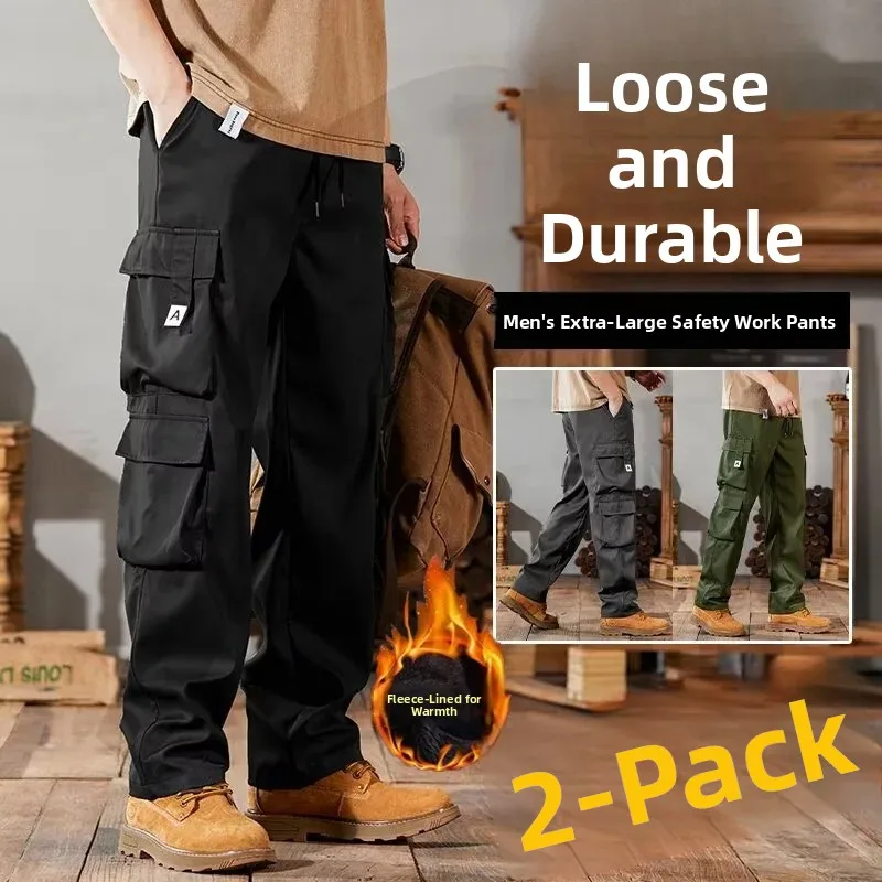 Men's Straight Leg Workwear Trousers Autumn Winter Fleece Lined Casual Pants Large Size Construction Site Wear Resistant Labo...