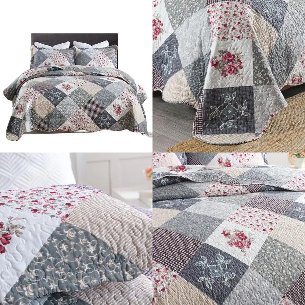 

King Size 3-Piece Reversible Microfiber Quilt Set with Patchwork Floral Design - Grey Rose All-Season Bedding
