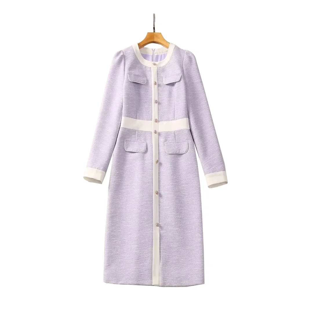 كيت ميدلتون الخريف الساخن بيع الموسم المرأة جولة الرقبة طويلة الأكمام الأرجواني فستان صوفي زر الديكور ثوب سيدة