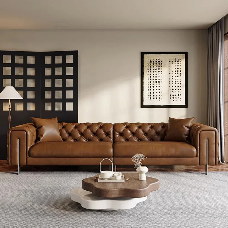 French retro living room caramel color first layer oil wax leather straight row medieval cream style classic pull-up sofa