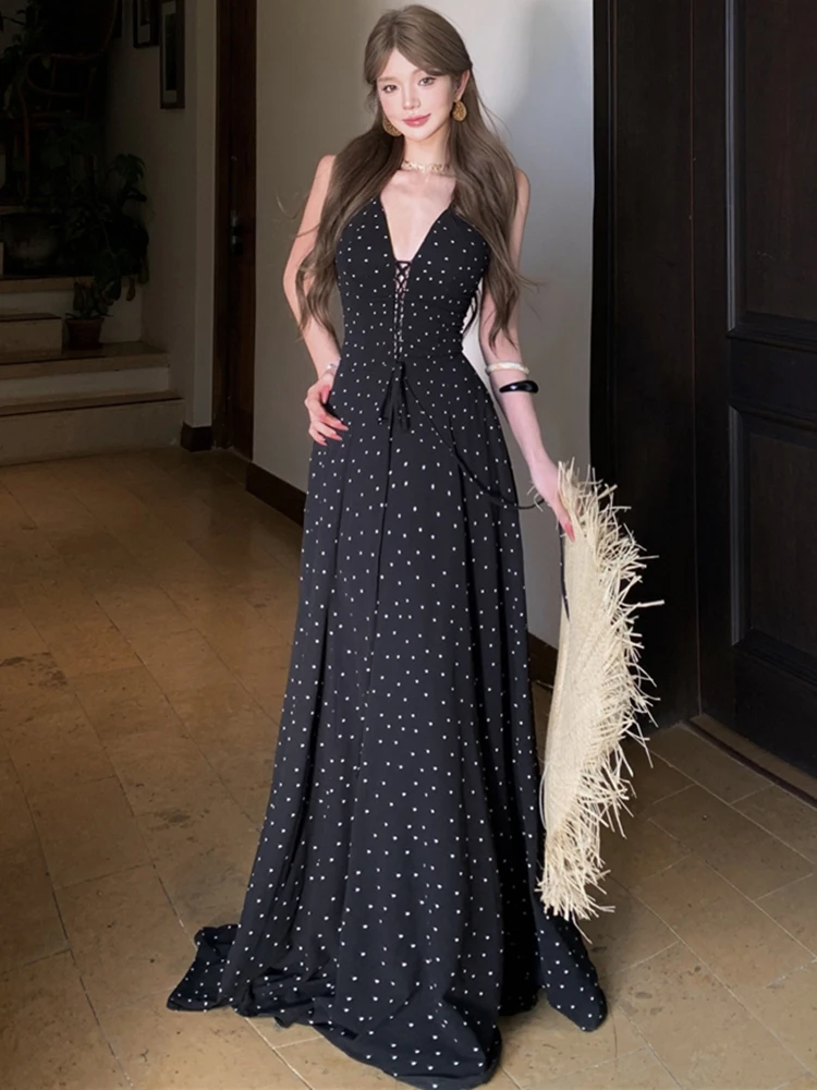 

Black Polka Dot Chic Bandage V-neck Sexy Women's Dress Summer Korean Vintage Luxury Evening Dress 2026 Elegant Bodycon Vesitdos