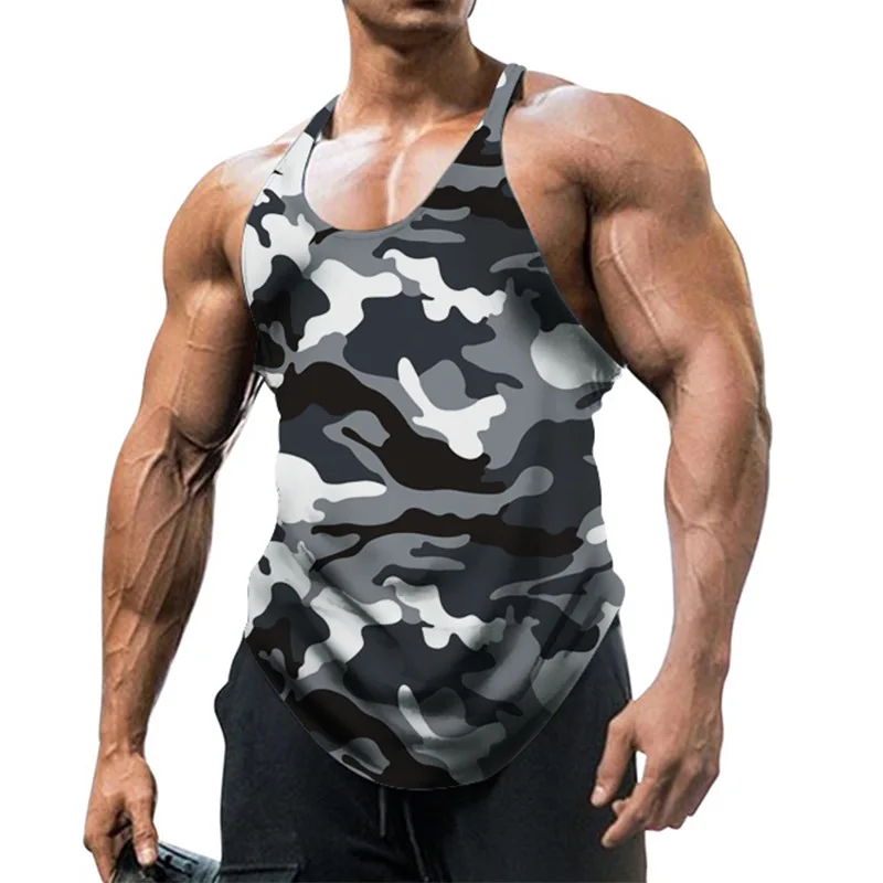 Men\'s Back Gym Stringer Tank Top Camouflage Top Breathable Bodybuilding Gym Vest Sleeveless Men T-shirt Crew Neck Fitness Tee